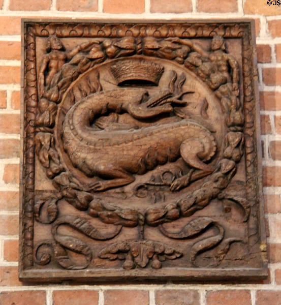 Wooden panel with carving of salamander, emblem of François I in Council Chamber in Royal Lodge at Chateau Royal of Amboise. Amboise, France.