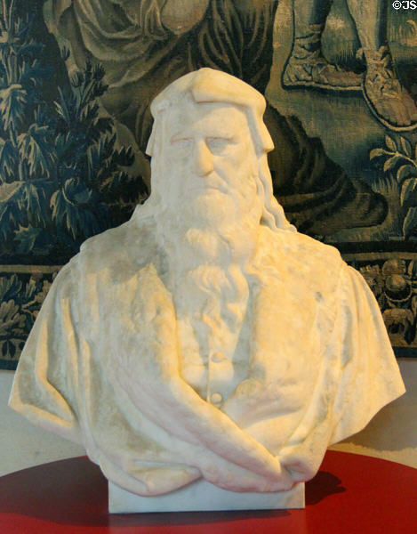 Marble bust of Leonardo da Vinci (1867) by Henri de Vauréal in Cupbearer's Room in Royal Lodge at Chateau Royal of Amboise. Amboise, France.