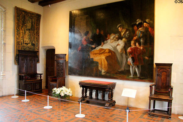 Death of Leonardo da Vinci painting (1781) by François-Guillaume Ménageot over Henri II style table & Renaissance chairs in King's bedchamber in Royal Lodge at Chateau Royal of Amboise. Amboise, France.