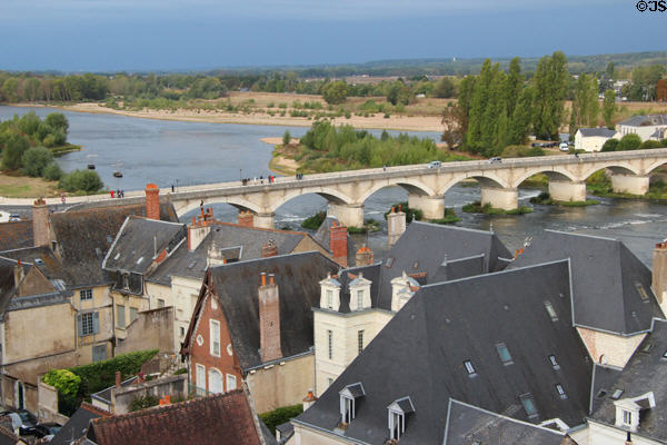 Bridge over Loire River beyond roofs of Amboise. Amboise, France.