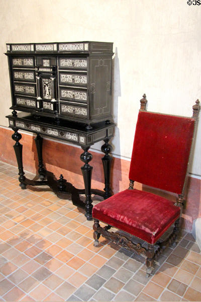 Ebony with ivory inlay chest & Renaissance side chair in da Vinci bedroom at Château de Clos Lucé. Amboise, France.