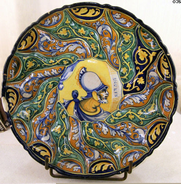 Helmeted warrior "Narone" on Italian earthenware dish (c1540) at Château de Clos Lucé. Amboise, France.