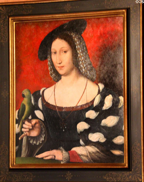 Portrait of Marguerite de Navarre (c1530) by Jean Clouet with parrot on her finger at Château de Clos Lucé. Amboise, France.