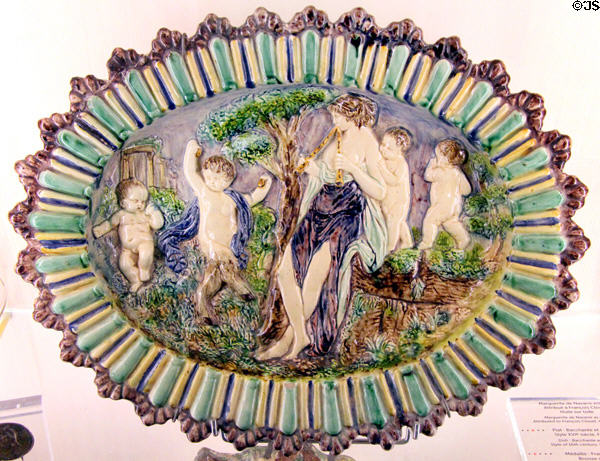 Earthenware dish with Bacchus & satyr (style of 16thC) at Château de Clos Lucé. Amboise, France.
