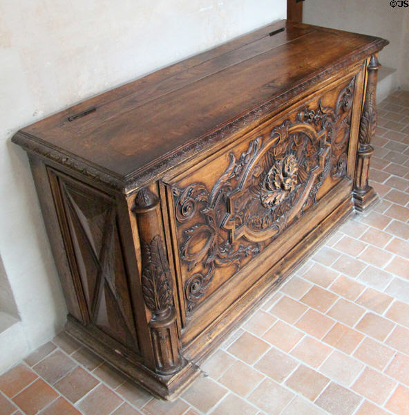 Renaissance style carved wooden chest at Château de Clos Lucé. Amboise, France.