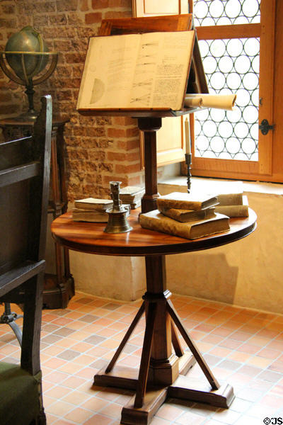 Da Vinci's books & a reading lectern in Da Vinci workshops at Château de Clos Lucé. Amboise, France.