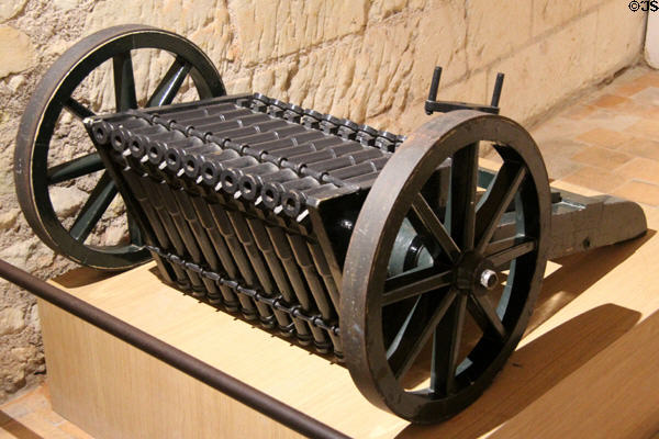 Triple-fire machine gun model developed from Da Vinci drawing in Model Room at Château de Clos Lucé. Amboise, France.