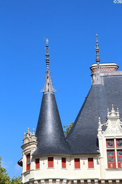 Detail of turret & finely carved spire at Château d'Azay-le-Rideau. Azay-le-Rideau, France.