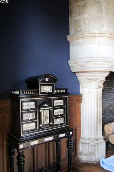 Cabinet made from darkened pear wood imitating ebony with ivory & bone decorations on the drawers in King's Chamber at Château d'Azay-le-Rideau. Azay-le-Rideau, France.