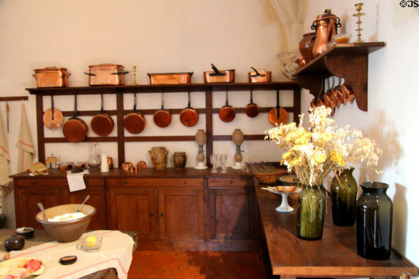 Array of copper pans & other copper cookware in kitchen of Château d'Azay-le-Rideau. Azay-le-Rideau, France.
