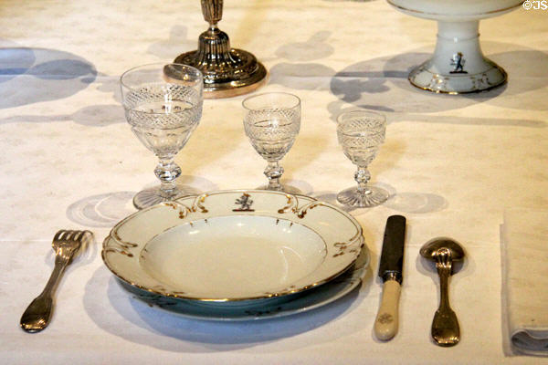 Piece from Marquis de Biencourt's Paris porcelain table service from Perier & Feuillet Manuafactory in dining room at Château d'Azay-le-Rideau. Azay-le-Rideau, France.