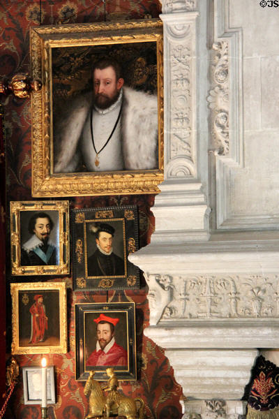 Sample of portraits from large collection, often of historical figures, in Biencourt Salon at Château d'Azay-le-Rideau. Azay-le-Rideau, France.