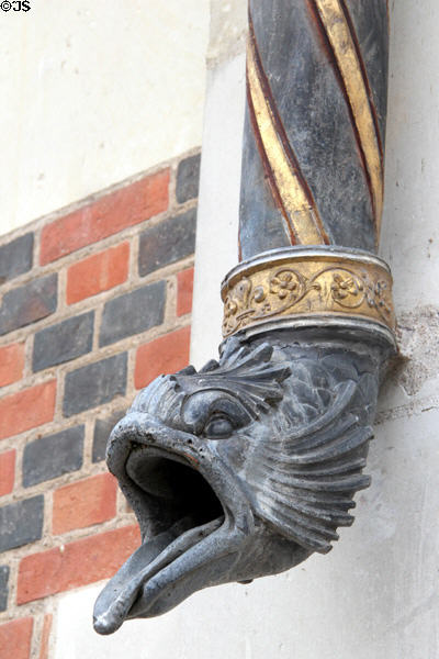 Mythical creature mouth of downspout beside portal to Blois Chateau. Blois, France.