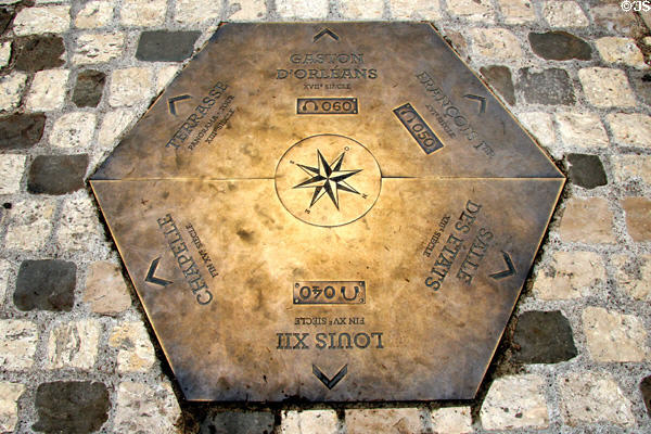 Courtyard plaque identifying architectural structures by era at Blois Chateau. Blois, France.