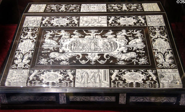 Writing desk with two side drawers, inlaid with ivory & ebony (16thC) from Italy at Blois Chateau. Blois, France.