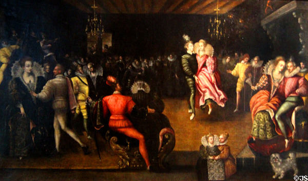 Royal court ball painting (late 16thC) by unknown in Queen's Gallery sat Blois Chateau. Blois, France.