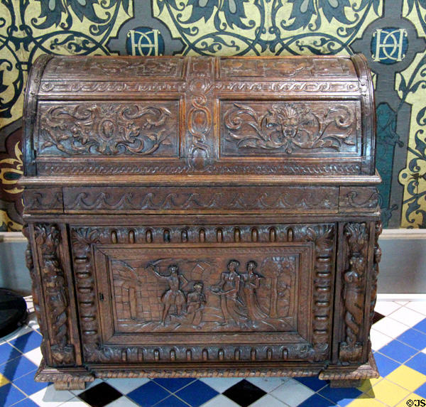 Carved oak chest with domed lid (17thC) from France in Queen's chamber at Blois Chateau. Blois, France.