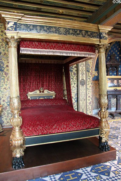 Gold painted Renaissance replica monumental bed (18thC) from Venice in King's Chamber at Blois Chateau. Blois, France.