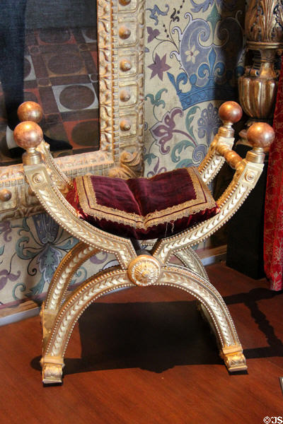 Italian Renaissance replica style folding chair (18th C) in King's Chamber at Blois Chateau. Blois, France.