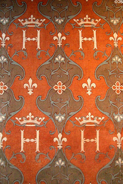 Renaissance style wallpaper in King's Chamber at Blois Chateau. Blois, France.