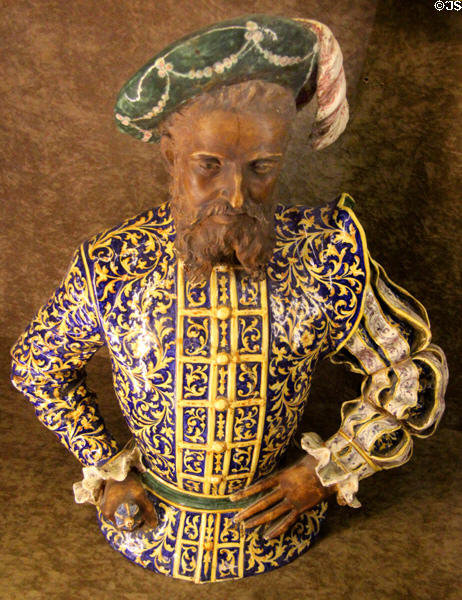 Ceramic bust of man in Renaissance dress (19thC) by Angelo Minghetti of Italy at Blois Chateau. Blois, France.