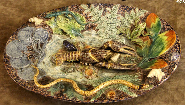 Oval glazed terracotta platter with crayfish theme (19thC) at Blois Chateau. Blois, France.
