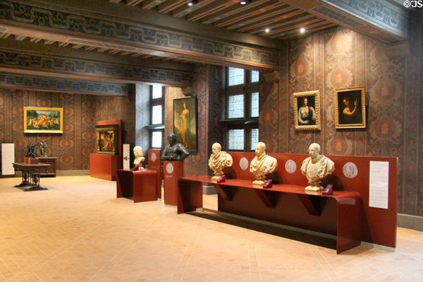 Gallery with display of Kings of France at Blois Chateau. Blois, France.