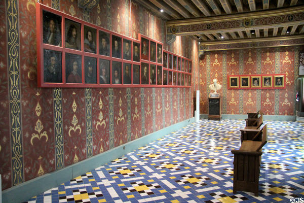 Gallery with paintings (17thC) of European notables & Kings of France at Blois Chateau. Blois, France.