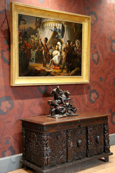 François I Dubbed a Knight by Bayard at Battle of Marignan painting (1817) over sculpted oak chest (end 16thC) from Netherlands or Scotland & François I hunting sculpture (1843) at Blois Chateau. Blois, France.