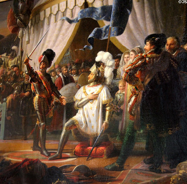 François I Dubbed a Knight by Bayard at 1515 Battle of Marignan painting detail (1817) by Louis Ducis at Blois Chateau. Blois, France.