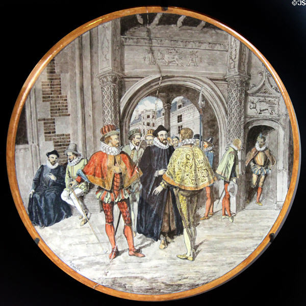 Henri III's court in Blois Chateau painting (1880) on faience plate by Ulysse Besnard at Blois Chateau. Blois, France.