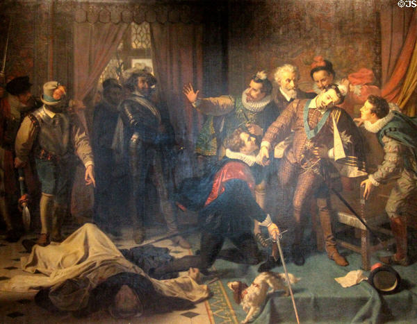 Assassination of Henri III on Aug. 1, 1589 painting (1863) by Hugues Merle at Blois Chateau. Blois, France.