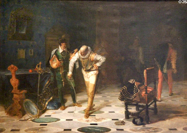 Duc de Guise in King's Chambers at Blois prior to his Assassination on Dec. 23, 1588, painting (before 1869) by Jean-Achille Blairsy at Blois Chateau. Blois, France.