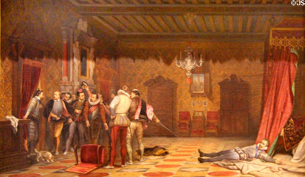 Assassination of Duc de Guise by bodyguards of Henri III on Dec. 23, 1588 painting (1834) by Paul Delaroche at Blois Chateau. Blois, France.