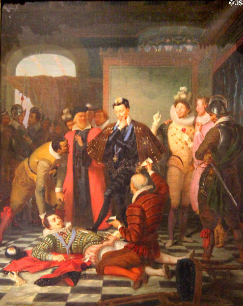Henri III pushes assassinated Duc de Guise with his foot painting (1832) by Charles Barthélemy Durupt at Blois Chateau. Blois, France.