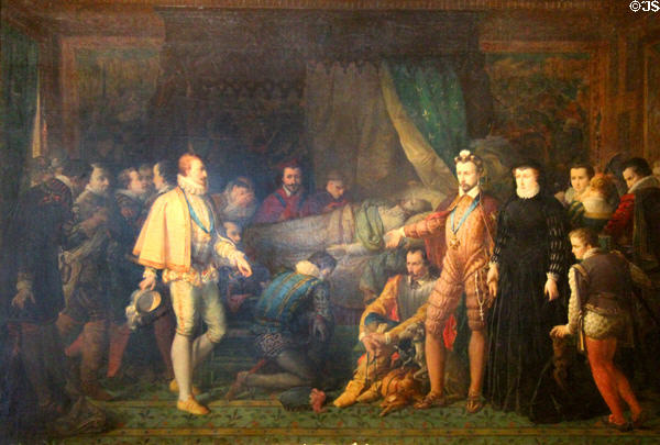 Death of Duc d'Anjou, son of Henri II painting (1863) by François Barthélemy Marius Abel at Blois Chateau. Blois, France.