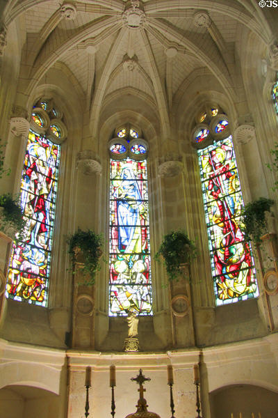 Modern stained glass in Gothic Chapel at Chenonceau Chateau. Chenonceau, France.