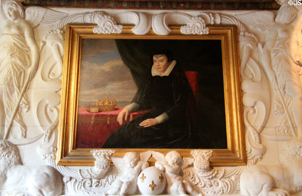 Portrait of Catherine de' Medici by Sauvage over fireplace in Diane de Poitiers' bedroom at Chenonceau Chateau. Chenonceau, France.