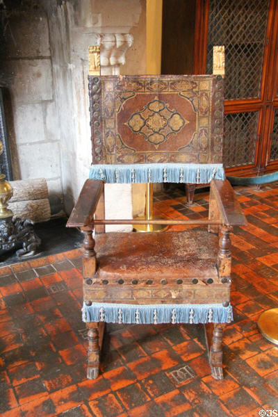 Renaissance Henry II armchair in Diane de Poitiers' bedroom at Chenonceau Chateau. Chenonceau, France.
