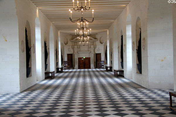 Ball room level of Gallery Bridge which during WWII was passage between Vichy & Nazi-occupied France as at Chenonceau Chateau. Chenonceau, France.
