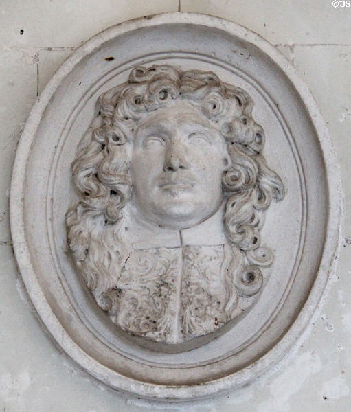 Medallion with historic figure on lower level of Gallery Bridge at Chenonceau Chateau. Chenonceau, France.