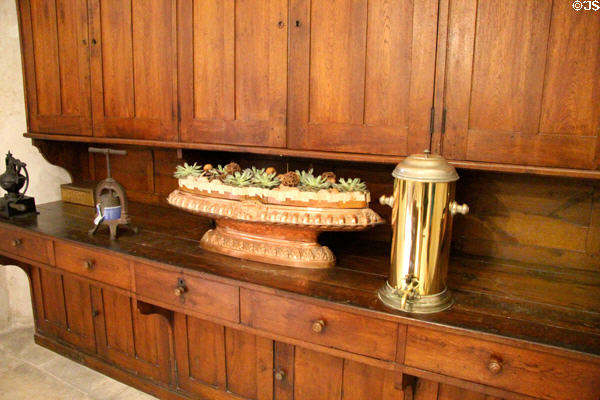 Planter & devices in kitchen at Chenonceau Chateau. Chenonceau, France.