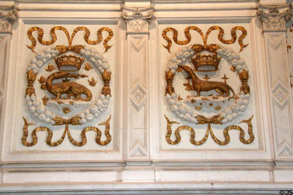 Renaissance fireplace detail of François I salamander & Queen Claude de France ermine crests in Louis XIV's drawing room at Chenonceau Chateau. Chenonceau, France.