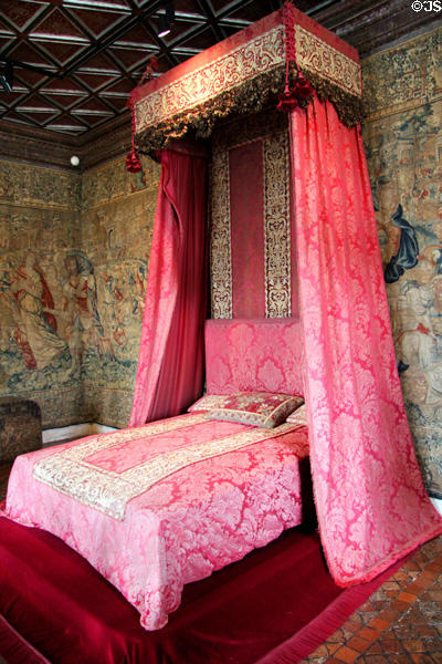 Canopy bed in bedroom of five queens at Chenonceau Chateau. Chenonceau, France.