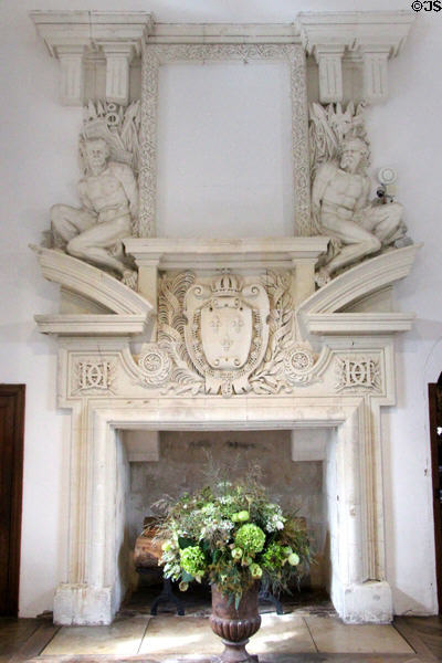 Sculpted fireplace at end of Medici gallery on bridge at Chenonceau Chateau. Chenonceau, France.