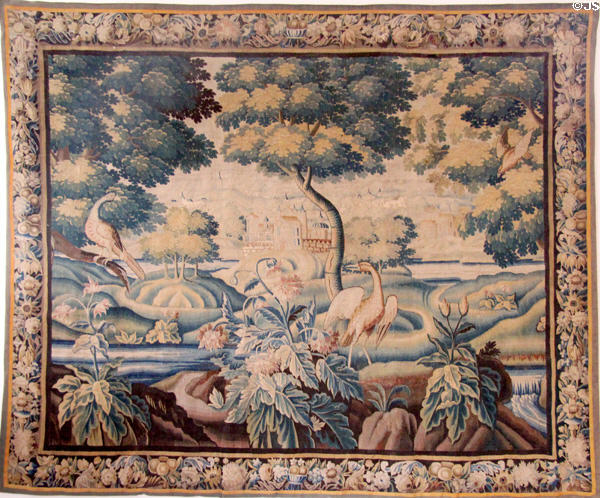 Greenery with birds tapestry (18thC) by Royal Manufactory of Aubusson, France at Chenonceau Chateau. Chenonceau, France.