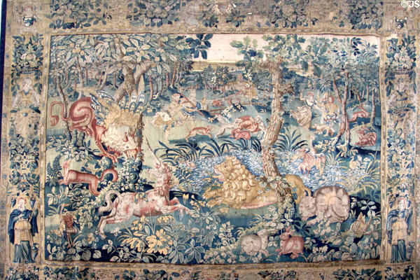 Unicorn, griffin & ferocious beasts tapestry (end 16thC) by Flemish workshop in Oudenaarde at Chenonceau Chateau. Chenonceau, France.