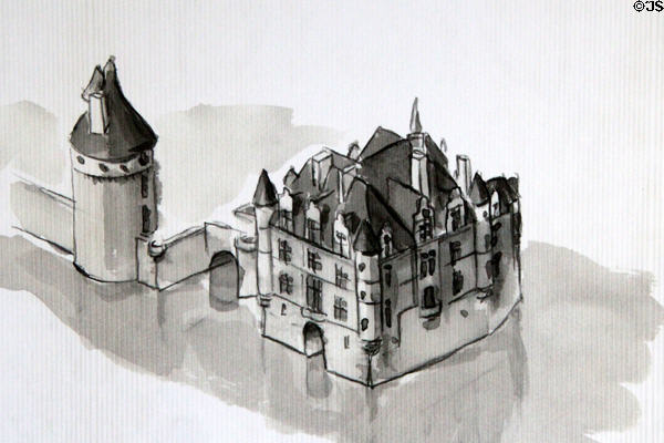 Drawing of chateau core that Katherine Briçonnet, wife of Thomas Bohier, had built (1494-1526) after they demolished all but the foundation of an ancient mill & the Marques tower of the existing fort at Chenonceau Chateau. Chenonceau, France.