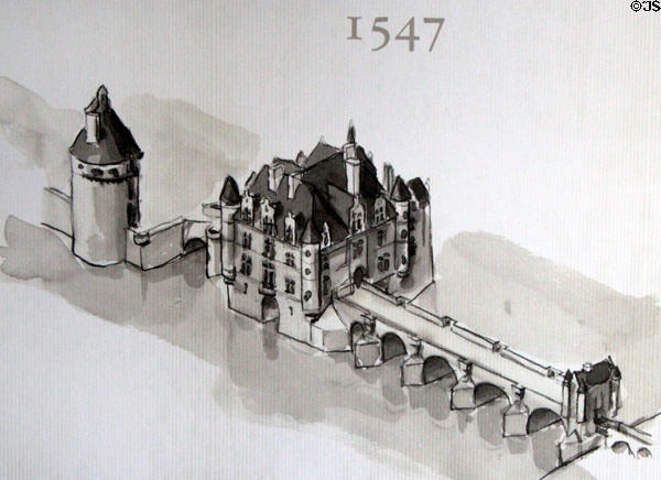 Drawing of bridge addition Diane de Poitiers had built (1547) to facilitate new garden on far bank at Chenonceau Chateau. Project including unbuilt galleries were designed by Philibert de l'Orme. Chenonceau, France.