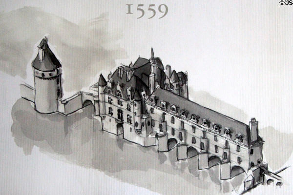 Drawing of bridge galleries that Catherine de Medicis had built (1559) after she forced out Diane at Chenonceau Chateau. Chenonceau, France.